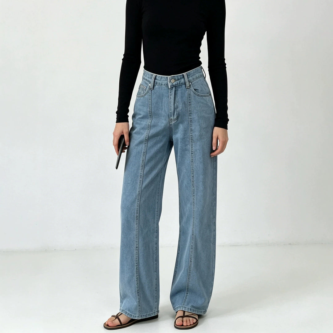 Damen hochtaillierte Jeans mit vertikaler Nahtpasse und weitem Bein Nord Taschen