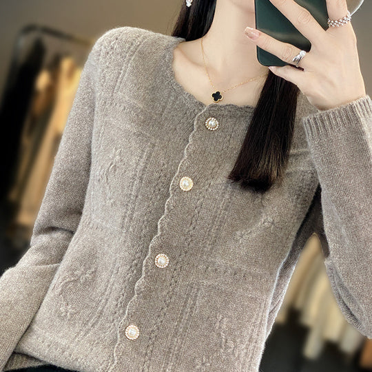 Damen Verzierter Strickcardigan mit Perlenknöpfen und Ajour‑Stickerei Nord Taschen