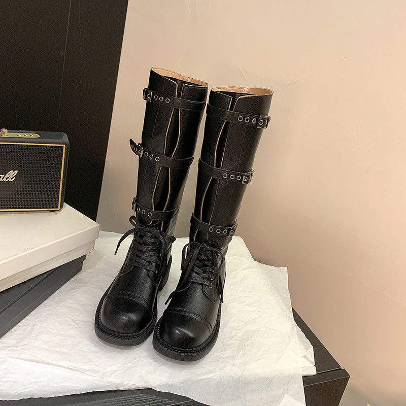 Damen kniehohe Schnürstiefel mit Zier- und Verstellschnallen Nord Taschen