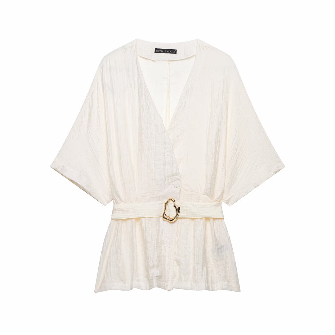 Damen Zweiteiler Kimono-Top mit Taillengürtel und weiter Bundfaltenhose Nord Taschen