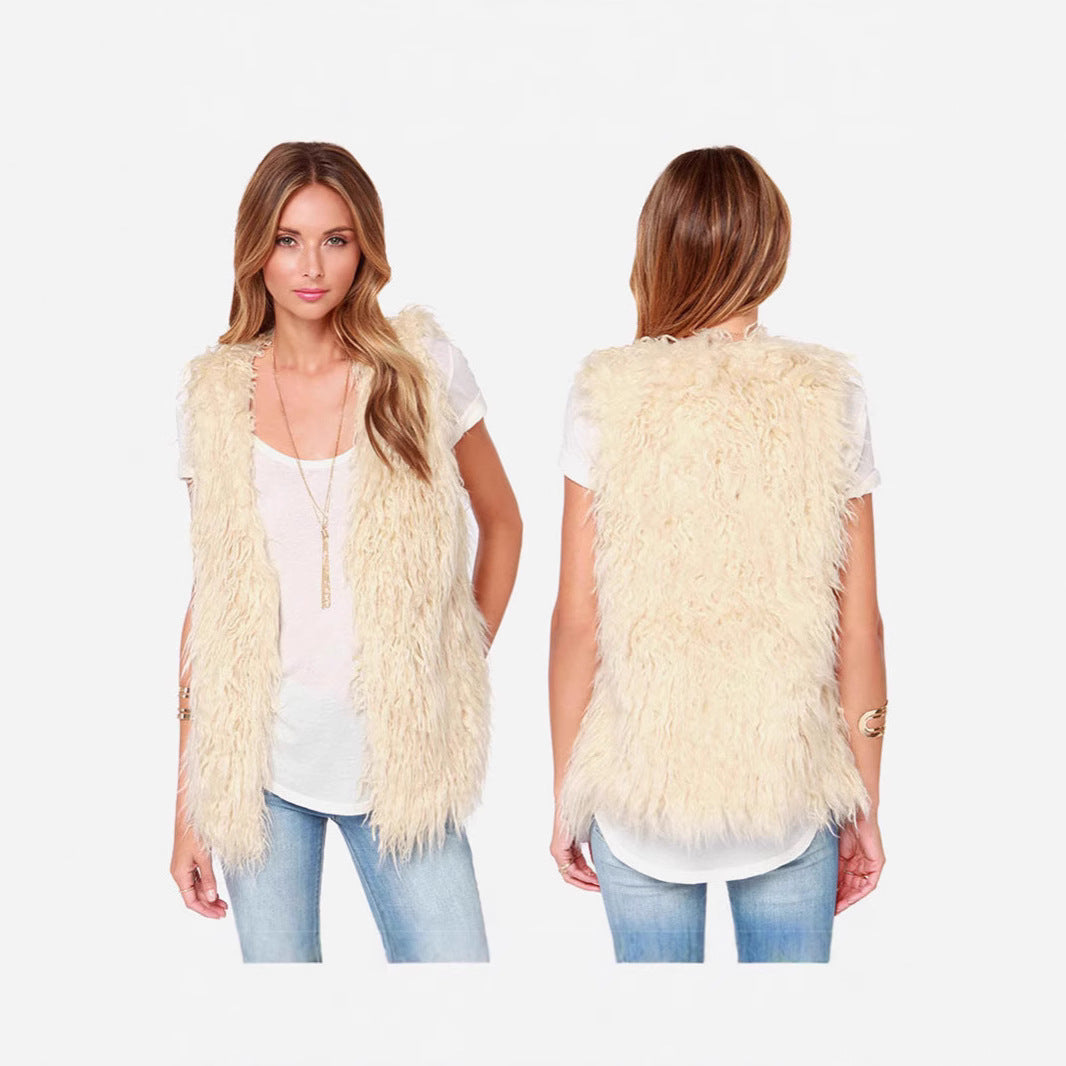 Damen Ärmellose Shaggy‑Kunstfellweste mit langfaserigem Hochflor und offenem Saum Nord Taschen