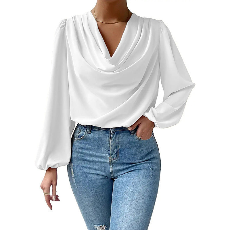 Damen elegante Bluse mit asymmetrischem Halsansatz und langen Ärmeln