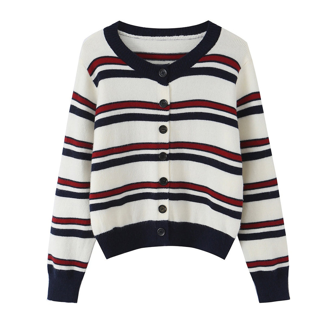 Damen Gestreifte Strickjacke mit Knopfleiste und geripptem Saum Nord Taschen