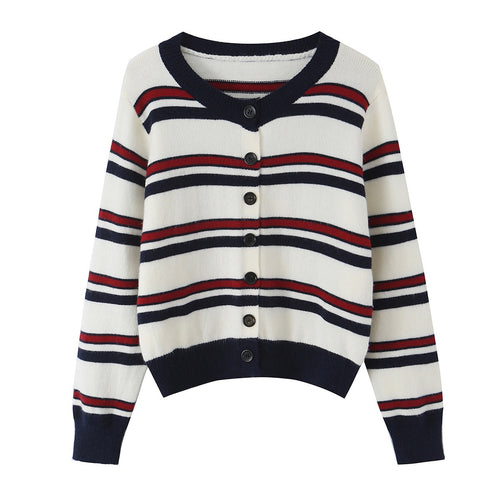 Damen Gestreifte Strickjacke mit Knopfleiste und geripptem Saum Nord Taschen