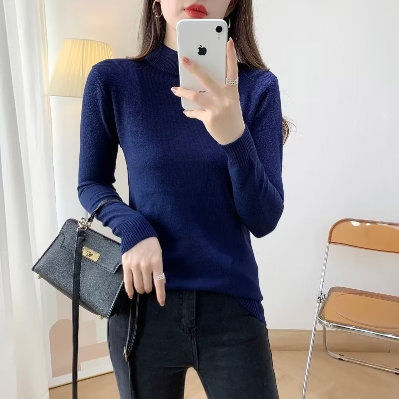 Damen Feiner Langarm-Feinstrickpullover mit schmalem Stehkragen und gerippten Bündchen Nord Taschen