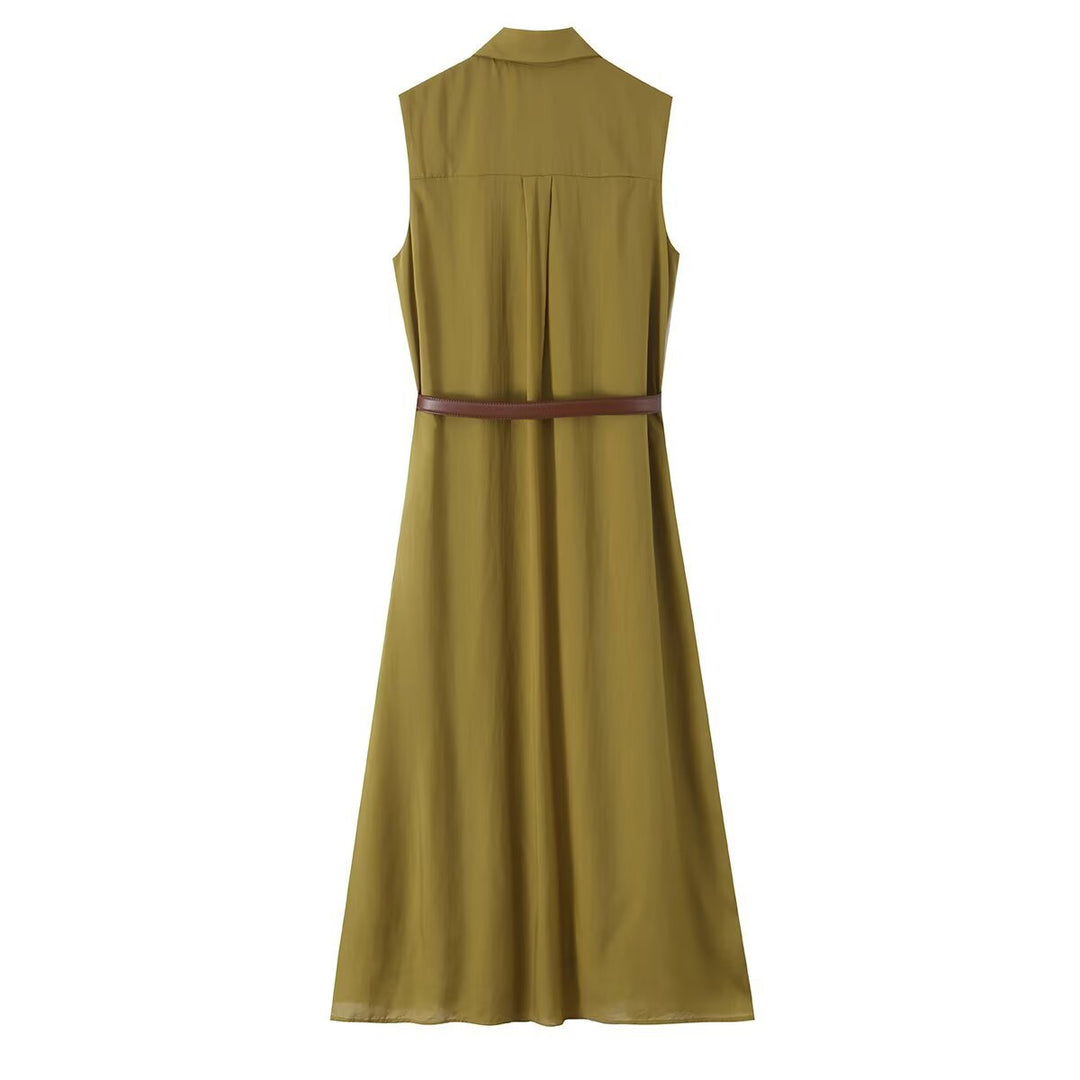 Damen Ärmelloses Hemdblusenkleid mit Kellerfalten, durchgehender Knopfleiste und Taillengürtel Nord Taschen