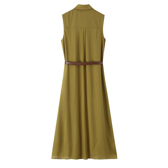 Damen Ärmelloses Hemdblusenkleid mit Kellerfalten, durchgehender Knopfleiste und Taillengürtel Nord Taschen
