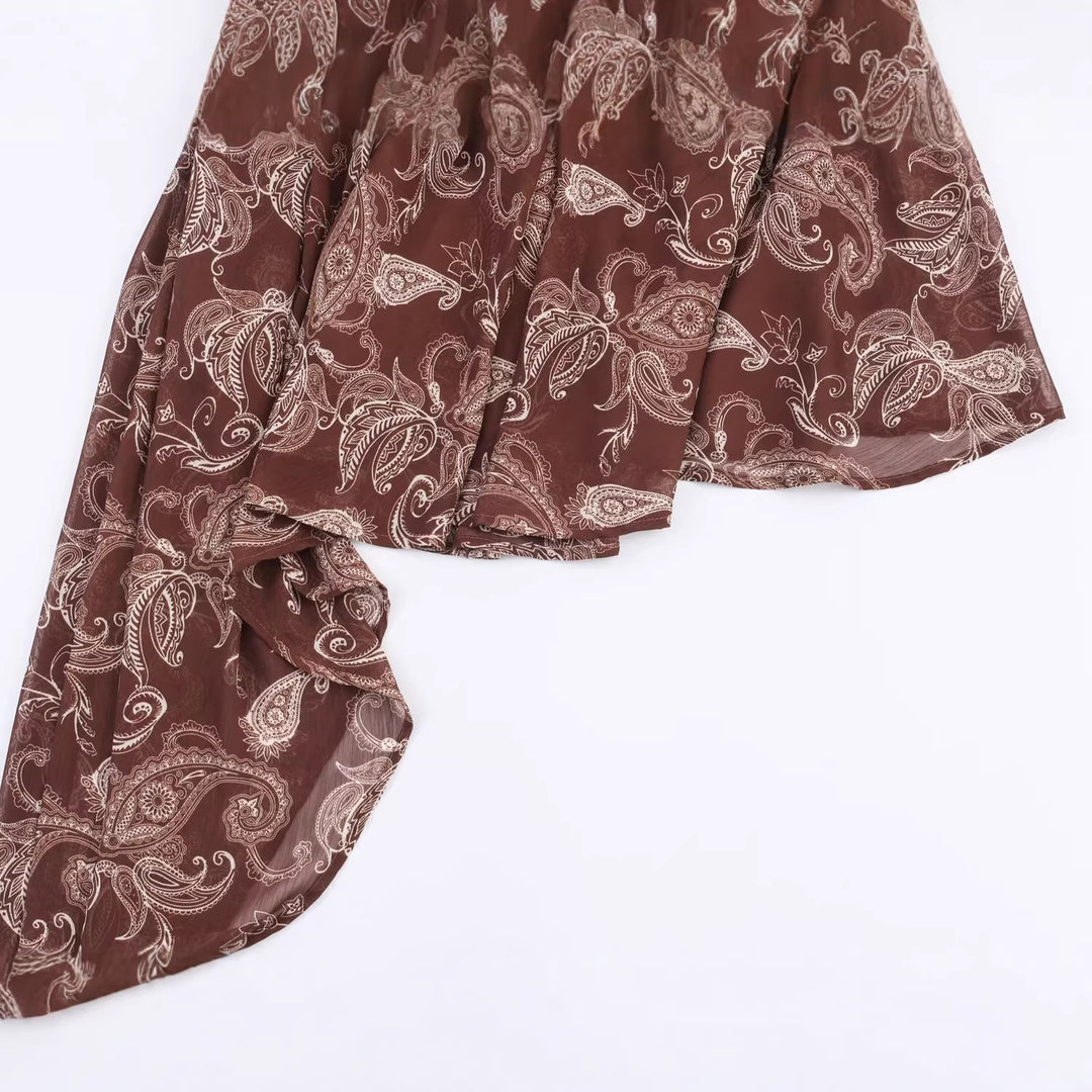 Damen Asymmetrisches Paisley‑Chiffon‑Minikleid mit Ballonärmeln und Taillengürtel Nord Taschen