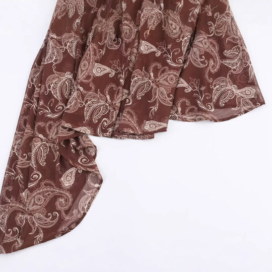 Damen Asymmetrisches Paisley‑Chiffon‑Minikleid mit Ballonärmeln und Taillengürtel Nord Taschen
