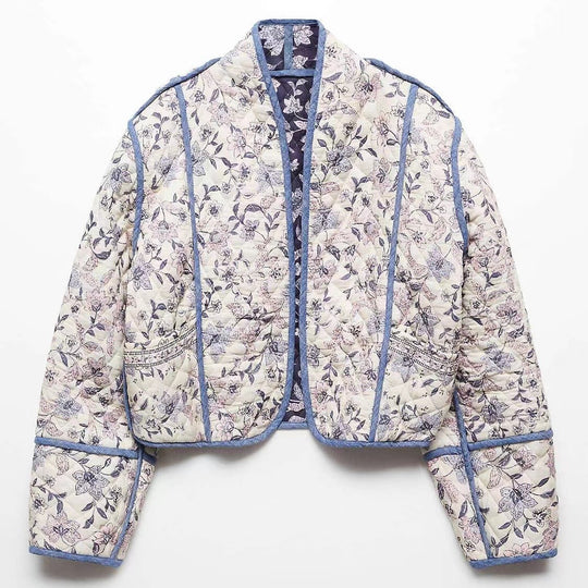 Damen Kurz geschnittene gesteppte Blousonjacke mit floraler Stickerei und Kontrastpaspel Nord Taschen