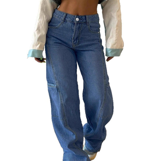Damen High-Waist weite Cargo-Denimhose mit Nahtpaneelen und Baggy-Silhouette Nord Taschen