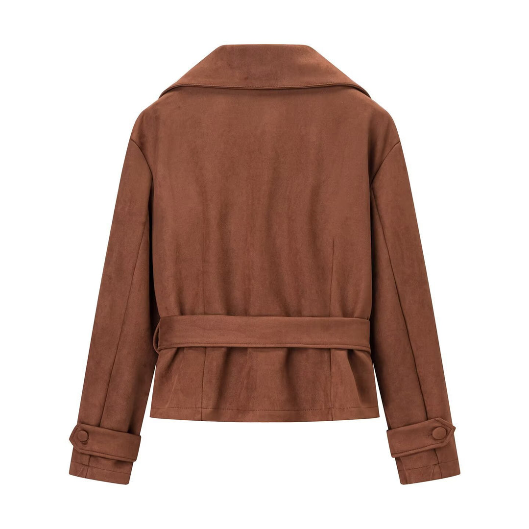 Damen Kurzjacke im Veloursleder‑Look mit Taillengürtel und großem Revers Nord Taschen