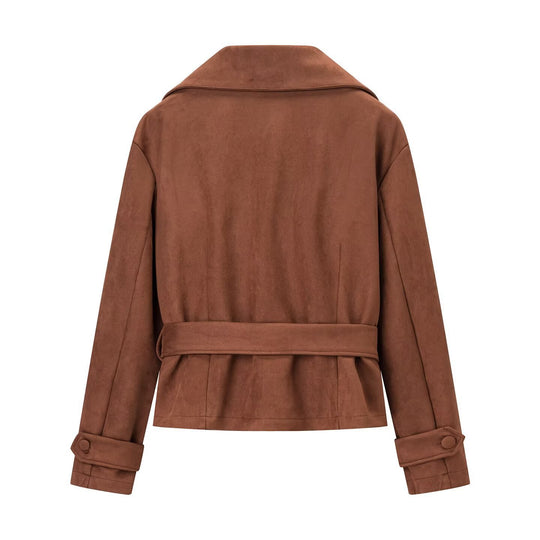Damen Kurzjacke im Veloursleder‑Look mit Taillengürtel und großem Revers Nord Taschen