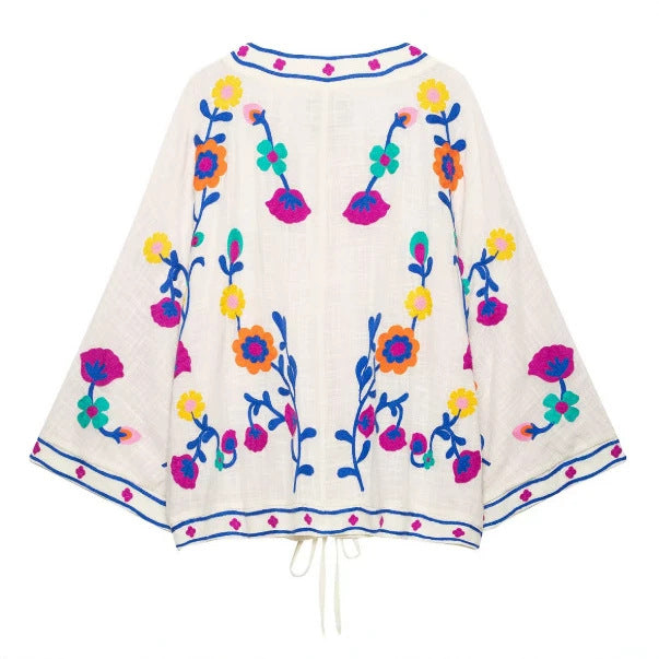 Damen Bestickter leichter Kimono-Cardigan mit floralem Motiv und Bindeband Nord Taschen