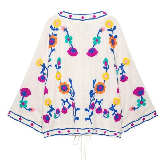 Damen Bestickter leichter Kimono-Cardigan mit floralem Motiv und Bindeband Nord Taschen
