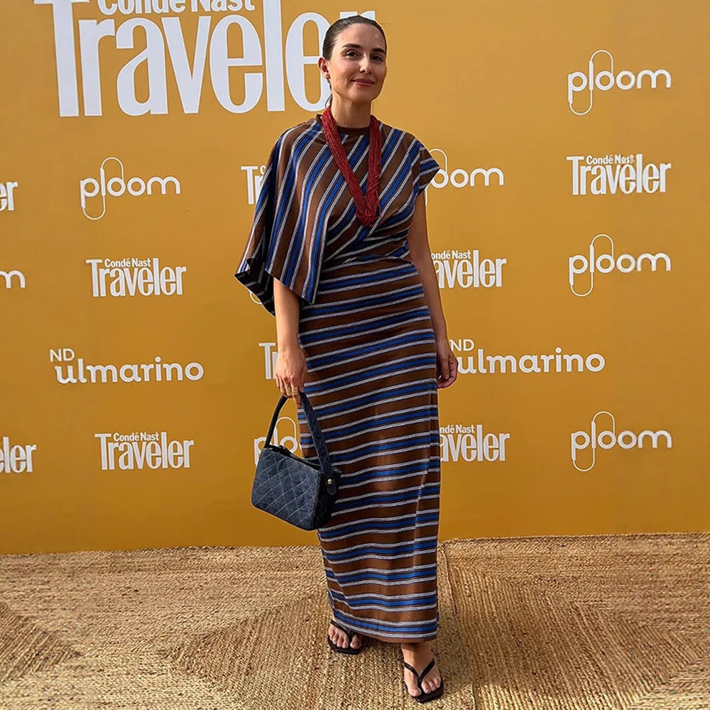 Damen Gestreiftes Maxikleid mit asymmetrischer Cape-Ärmelung & taillierter Silhouette Nord Taschen