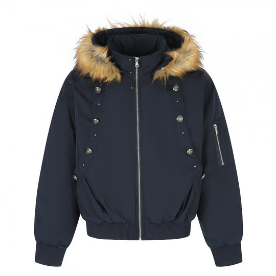 Damen Gefütterte Bomberjacke mit Kapuze und Kunstfellkragen Wattierte Winterjacke Nord Taschen