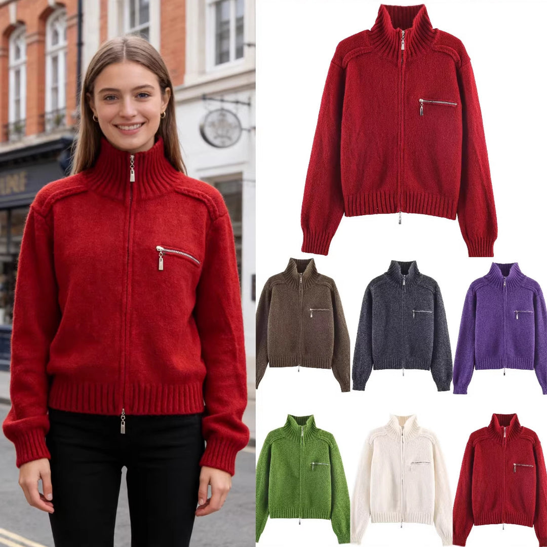 Damen Grobgestrickte Reißverschluss‑Strickjacke mit hohem Rippkragen und Brusttasche Nord Taschen