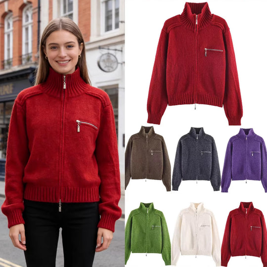 Damen Grobgestrickte Reißverschluss‑Strickjacke mit hohem Rippkragen und Brusttasche Nord Taschen