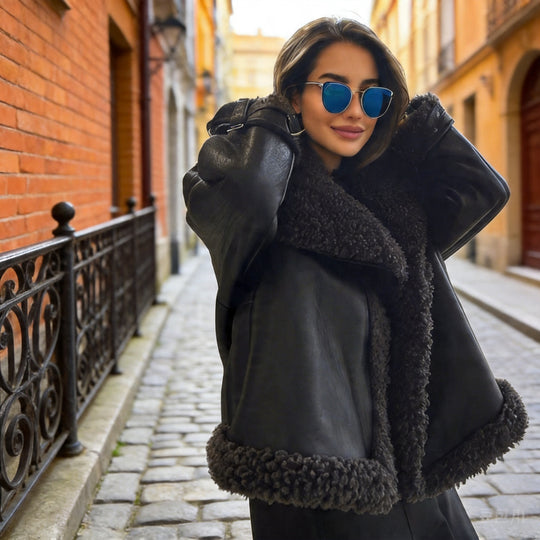Damen Kurz geschnittene Aviator-Lederjacke mit Teddyfutter, großem Kragen und Oversize-Silhouette Nord Taschen