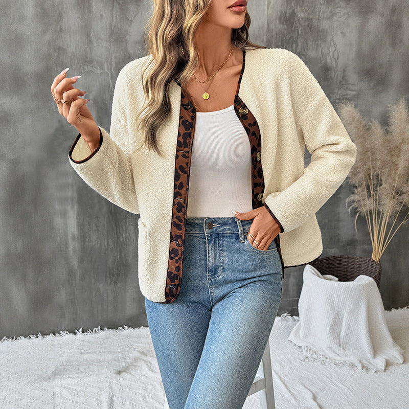 Damen Gemütlicher Teddy-Blazer mit Leopardenmuster Nord Taschen