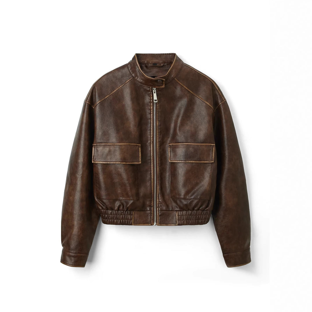 Herren Vintage-Leder-Bomberjacke mit Stehkragen, Pattentaschen und elastischem Bund Nord Taschen