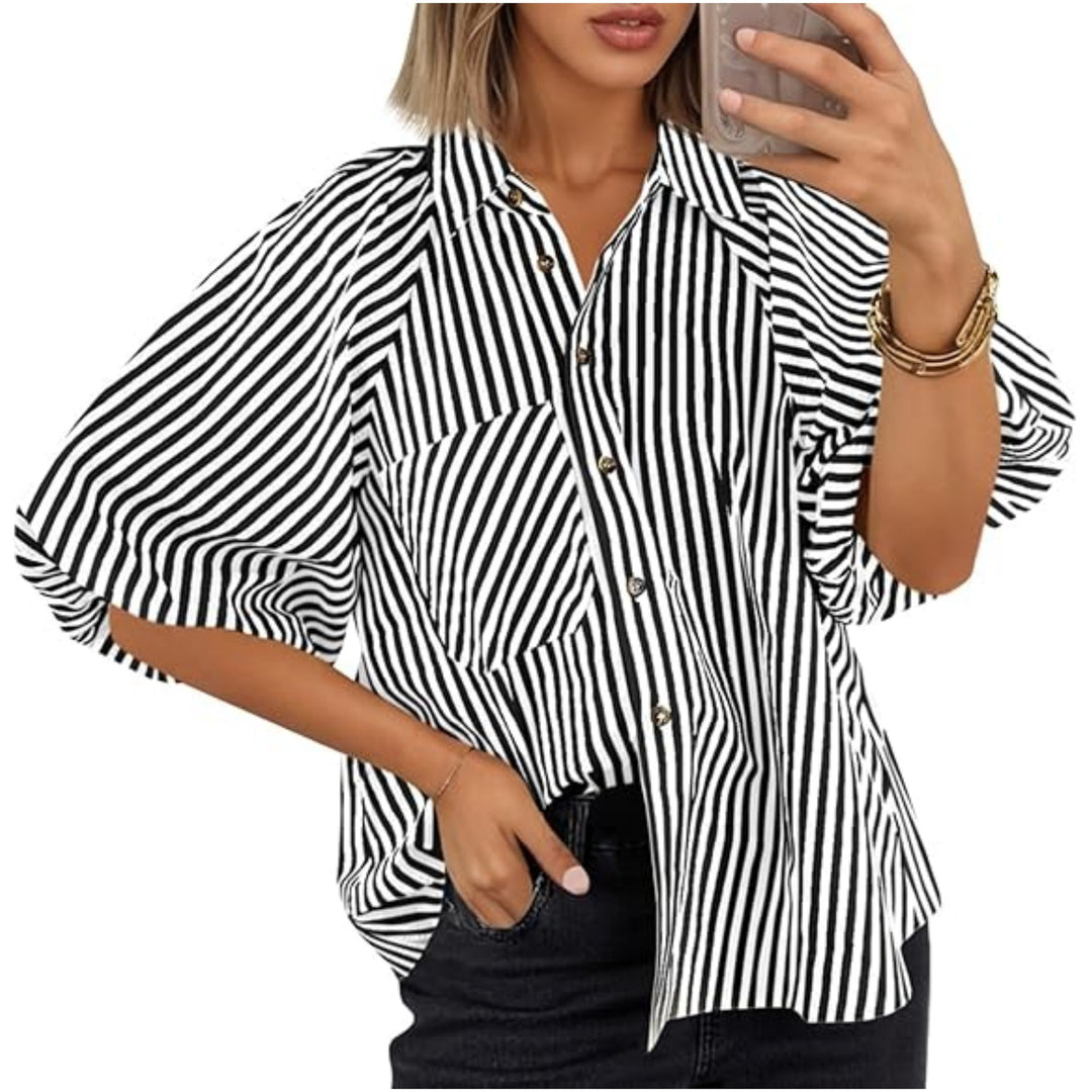 Damen Oversize Hemdbluse mit Ballonärmeln und vertikalem Streifenmuster Nord Taschen