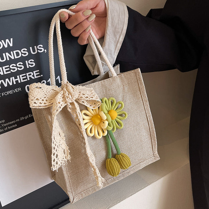 Damen Jute-Strandtasche mit floralem Dekor und verspieltem Schleifenakzent Nord Taschen