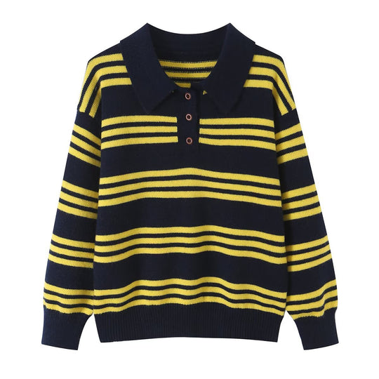 Damen Gestreifter Strickpolopullover mit kurzer Knopfleiste und Rippbündchen Nord Taschen