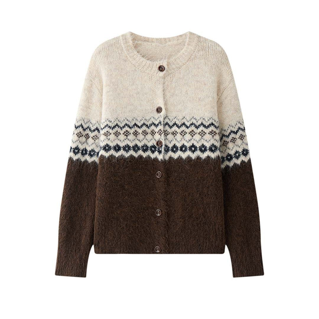 Damen Norwegermuster Mohair-Optik Strickjacke mit Knopfleiste und Rundhalsausschnitt Nord Taschen