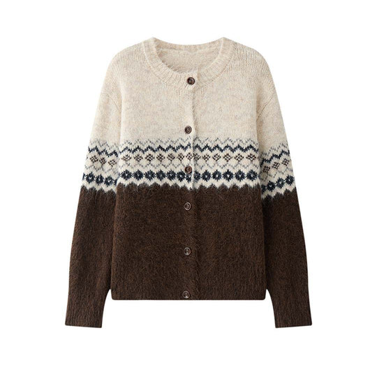 Damen Norwegermuster Mohair-Optik Strickjacke mit Knopfleiste und Rundhalsausschnitt Nord Taschen