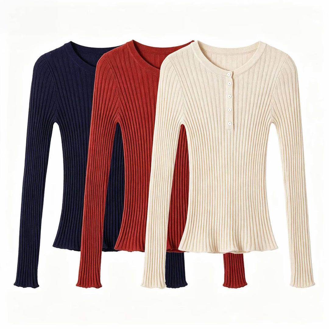 Damen Feinstrick-Longsleeve mit Rippstruktur und Knopfleiste Nord Taschen