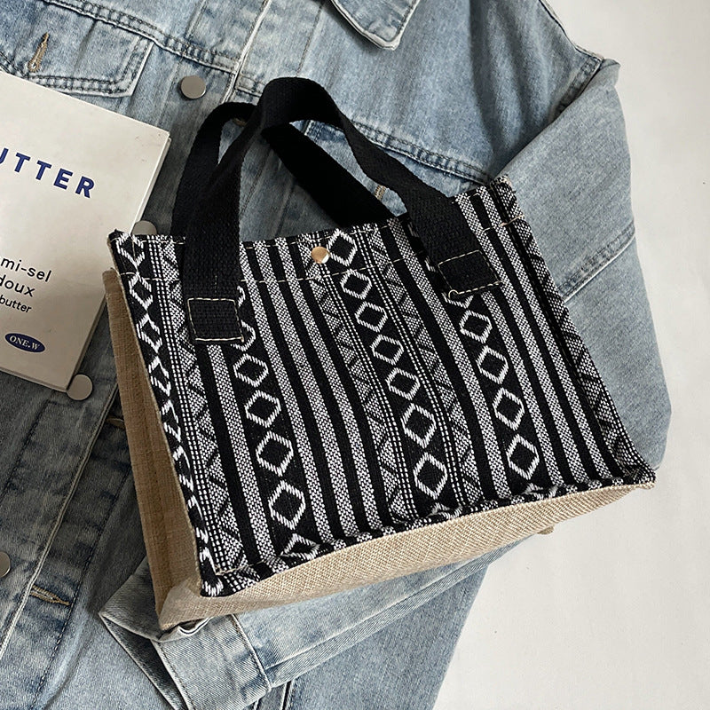 Damen Jute-Tragetasche mit buntem Muster und stabilen Baumwollgriffen Nord Taschen