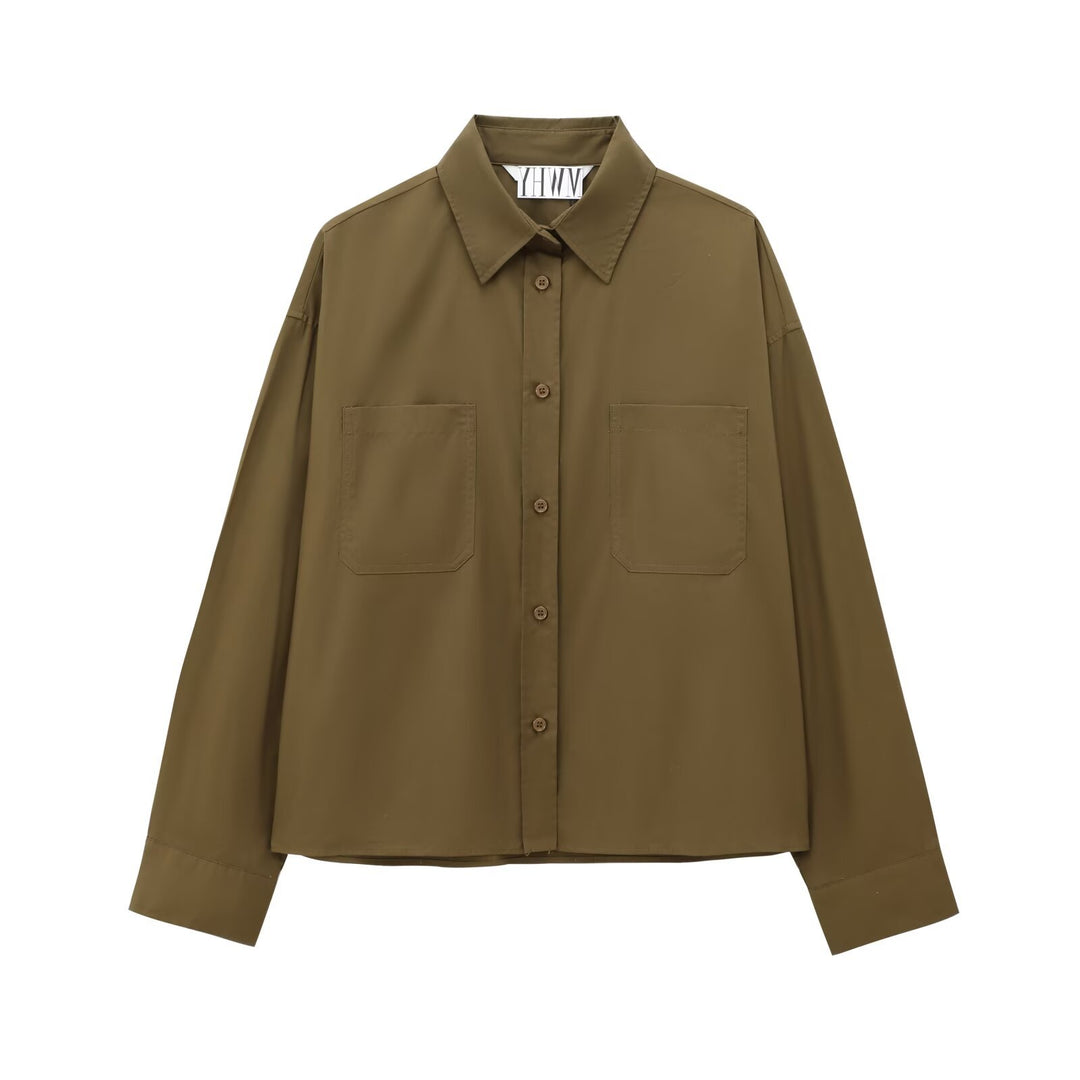 Damen Boxy-Cropped-Hemdjacke mit aufgesetzten Brusttaschen Nord Taschen