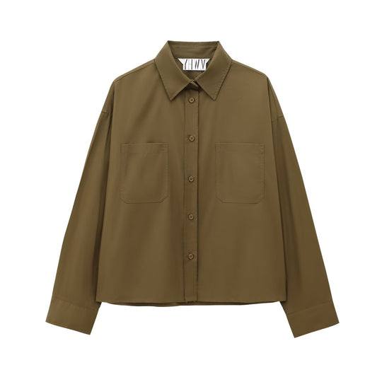Damen Boxy-Cropped-Hemdjacke mit aufgesetzten Brusttaschen Nord Taschen