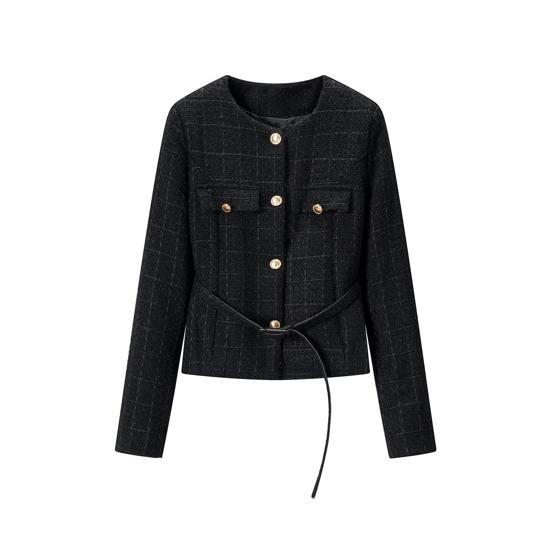 Damen Kurzjacke aus Bouclé‑Tweed mit Rundhals, goldenen Zierknöpfen und Bindegürtel Nord Taschen