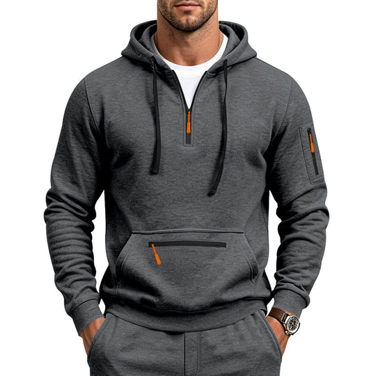 Herren Kapuzen-Sweatshirt mit Half-Zip, Kängurutasche und Reißverschlusstaschen Nord Taschen