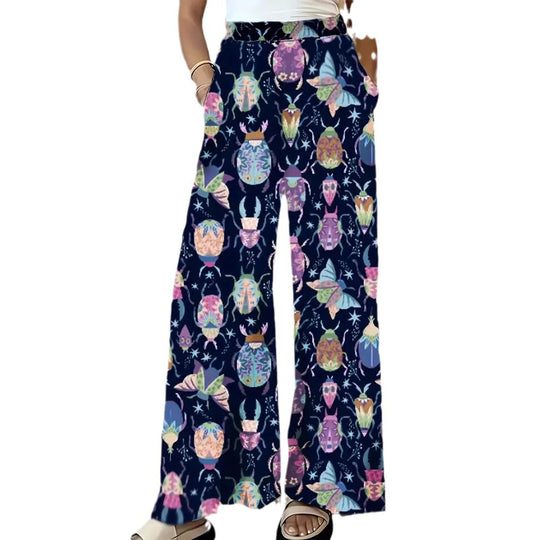Damen Weite Palazzo-Hose mit elastischem Bund und auffälligem Käferprint Nord Taschen