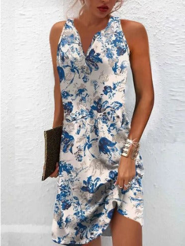 Damen, lässiges Sommerkleid mit V-Ausschnitt und asymmetrischem Saum
