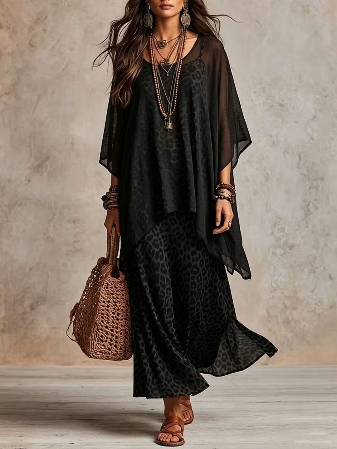 Damen Boho-Maxikleid mit transparentem Poncho-Overlay und Leopardenmuster Nord Taschen