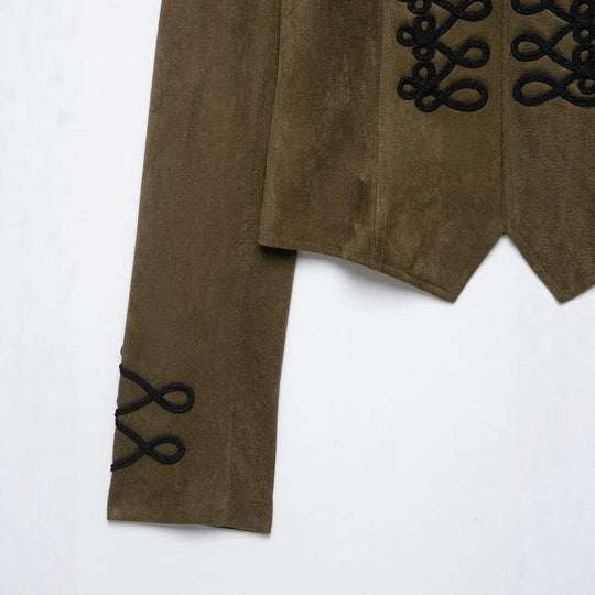 Damen Taillierter Cropped‑Veloursleder‑Blouson mit militärischer Kordelapplikation und Stehkragen Nord Taschen