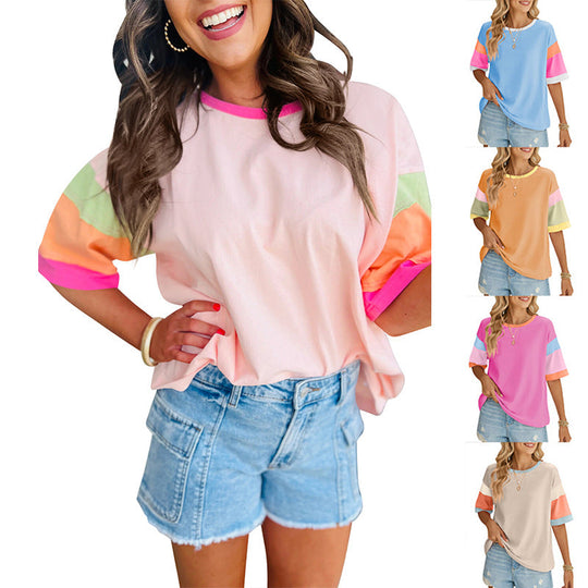 Damen lässiges T-Shirt mit farbenfrohen Ärmeln und weitem Schnitt