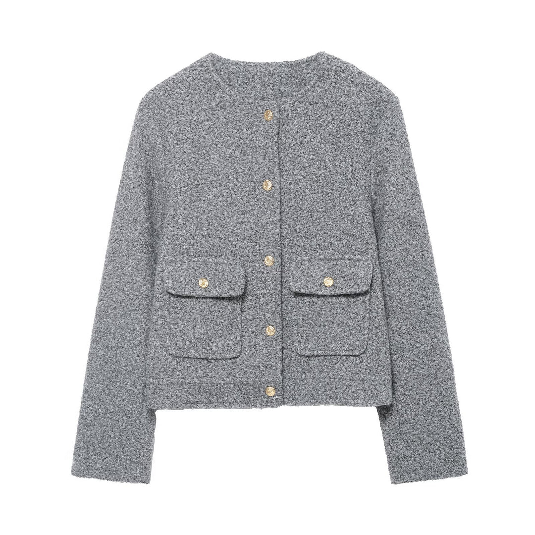 Damen Bouclé Cropped Jacke mit Goldknöpfen und aufgesetzten Pattentaschen Nord Taschen