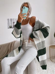 Damen Lässiger Strickmantel mit Streifen Nord Taschen
