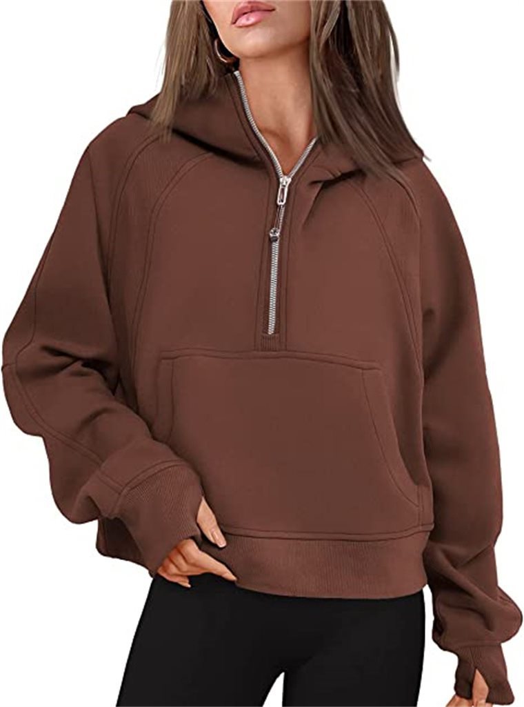 Damen Kurz geschnittener Kapuzenpullover mit halbem Reißverschluss und Kängurutasche Nord Taschen