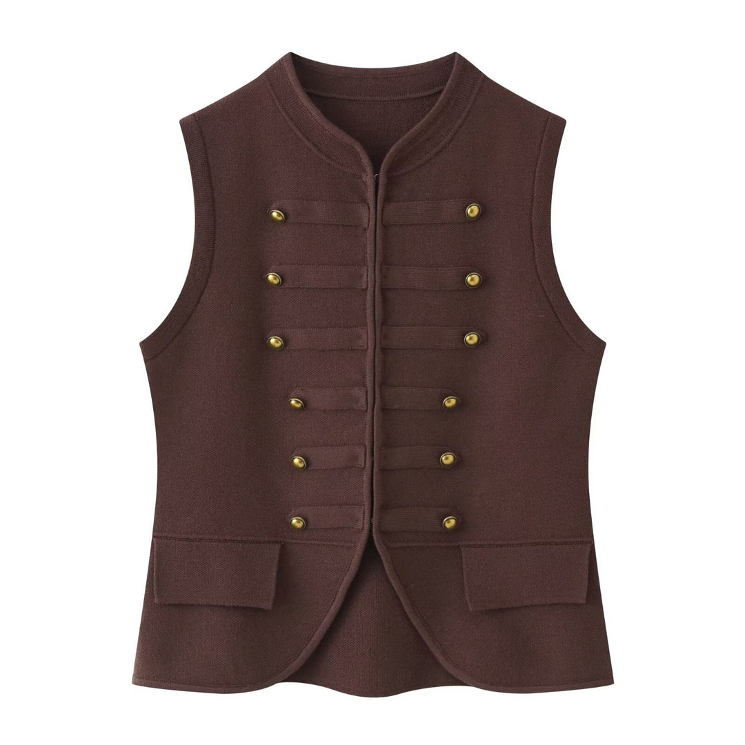 Damen Militärinspirierte Bouclé‑Weste mit Stehkragen und Zierknöpfen Nord Taschen