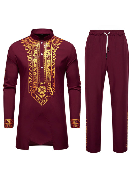 Herren Traditionelles Langarm-Kurta-Set mit Stehkragen, goldfarbenem Ornamentdruck und Tunnelzughose Nord Taschen