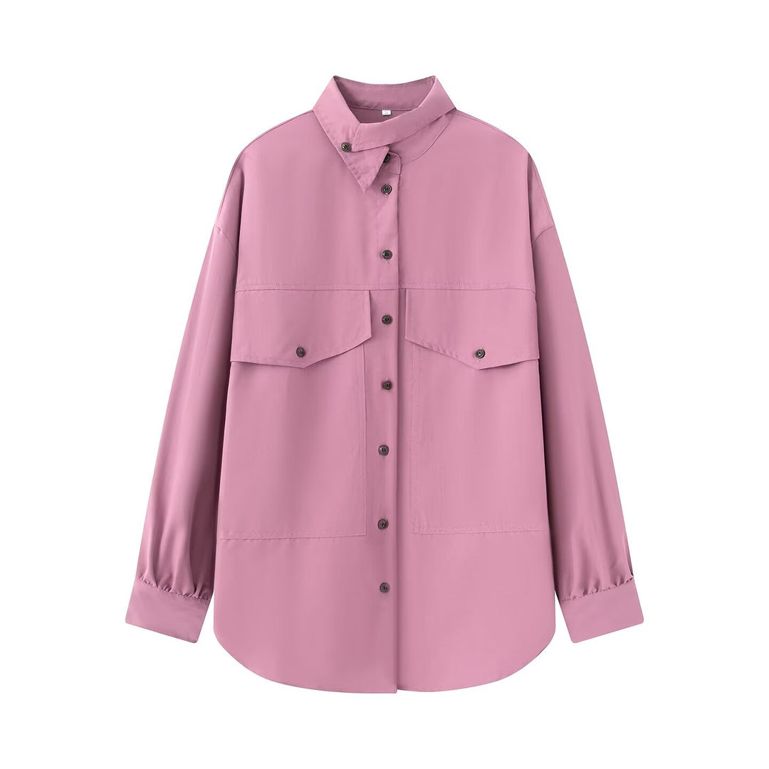 Damen Oversize-Hemdbluse-Jacke mit Pattentaschen und Stehkragen Nord Taschen