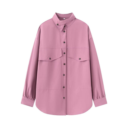 Damen Oversize-Hemdbluse-Jacke mit Pattentaschen und Stehkragen Nord Taschen