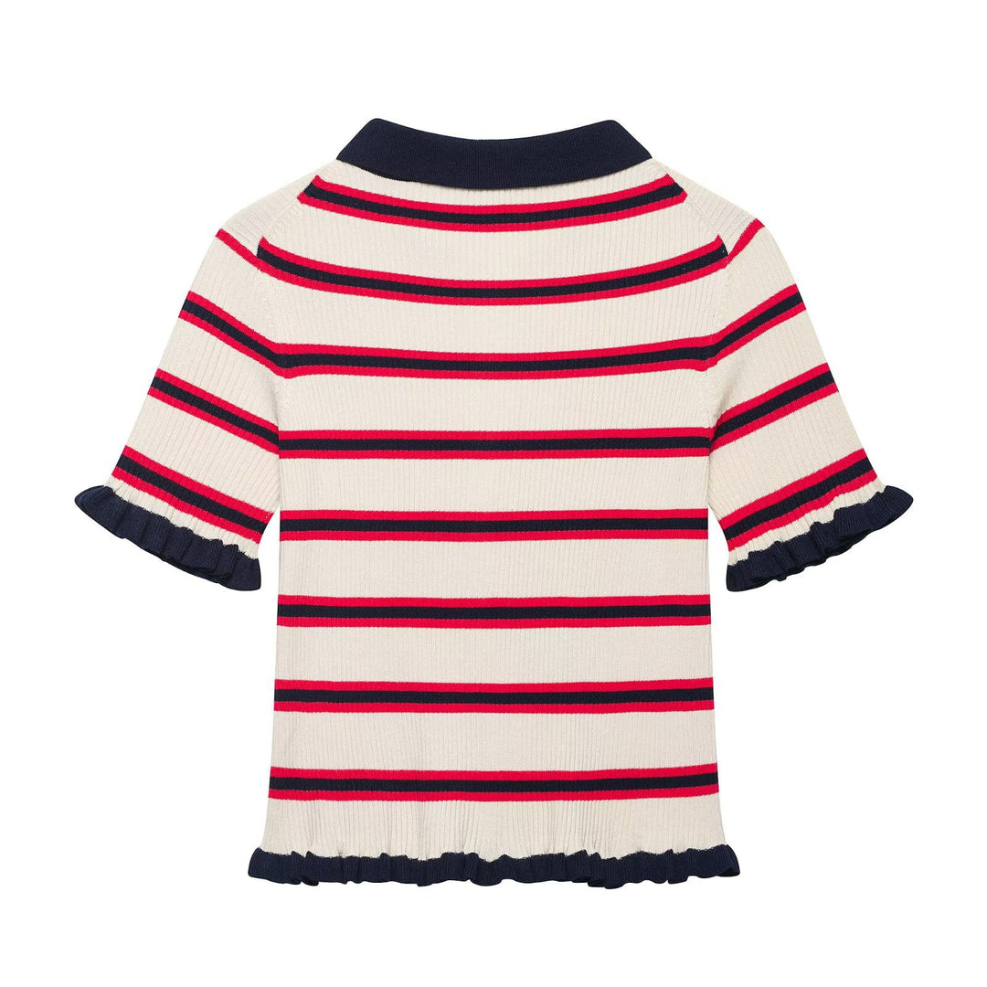 Damen Kurzärmelige Feinstrick-Cardigan mit Polokragen und Volantbündchen Nord Taschen